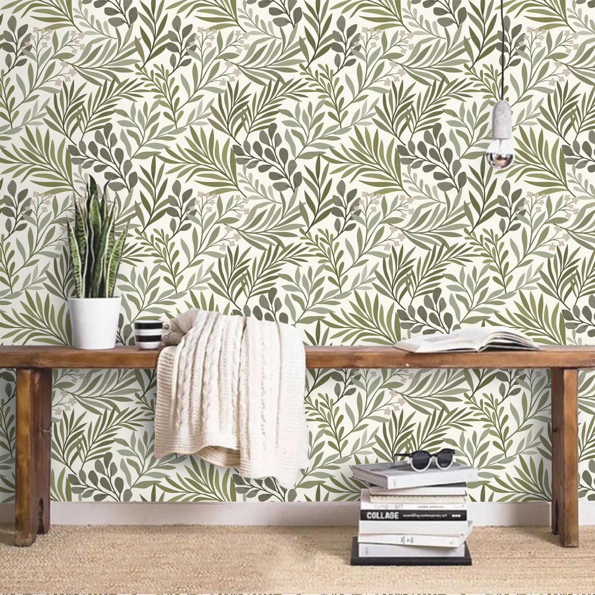 Wallpaper olive Green Leaves Peel and Stick Removable or | Etsy