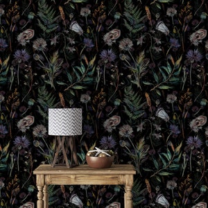 Moody dark wallpaper wildflowers, Peel and stick or Traditional, Cottagecore wallpaper