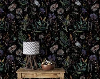 Moody dark wallpaper wildflowers, Peel and stick or Traditional, Cottagecore wallpaper