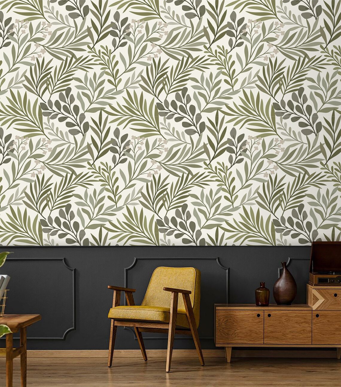 Wallpaper olive Green Leaves Peel and Stick Removable or | Etsy