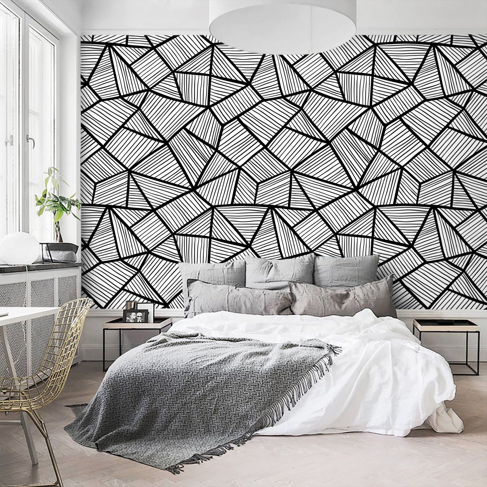 Geometric Wallpaper Black and White Abstract minimalist Peel | Etsy