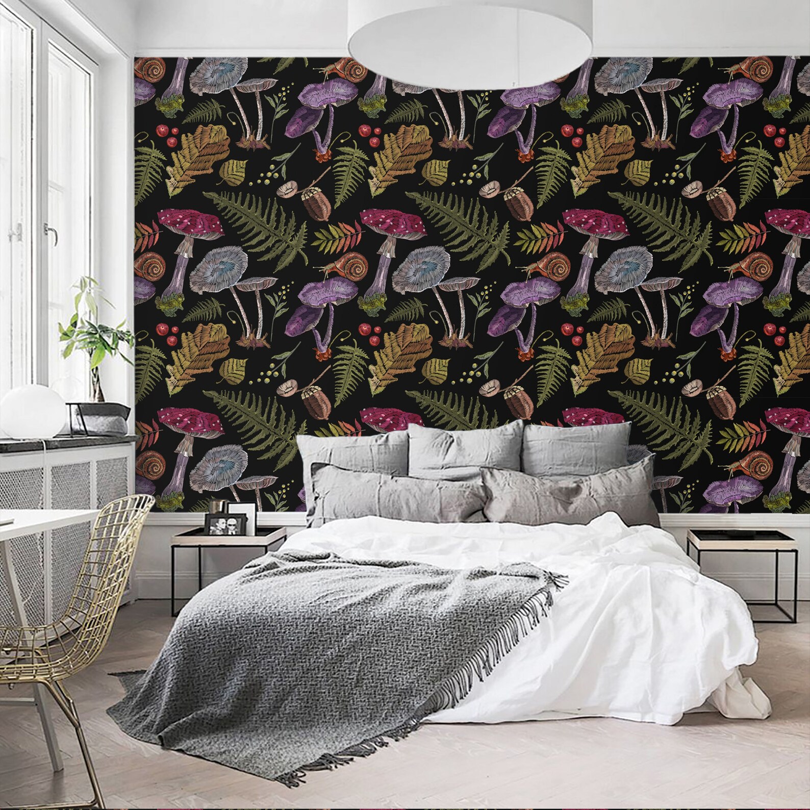 Wallpaper Mushroom Botanical on dark Wall Paper Peel and Stick | Etsy