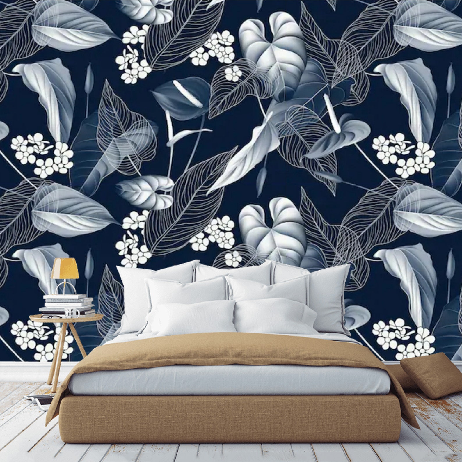 Floral Wallpaper Dark Navy Blue White Peel and Stick Wall Etsy