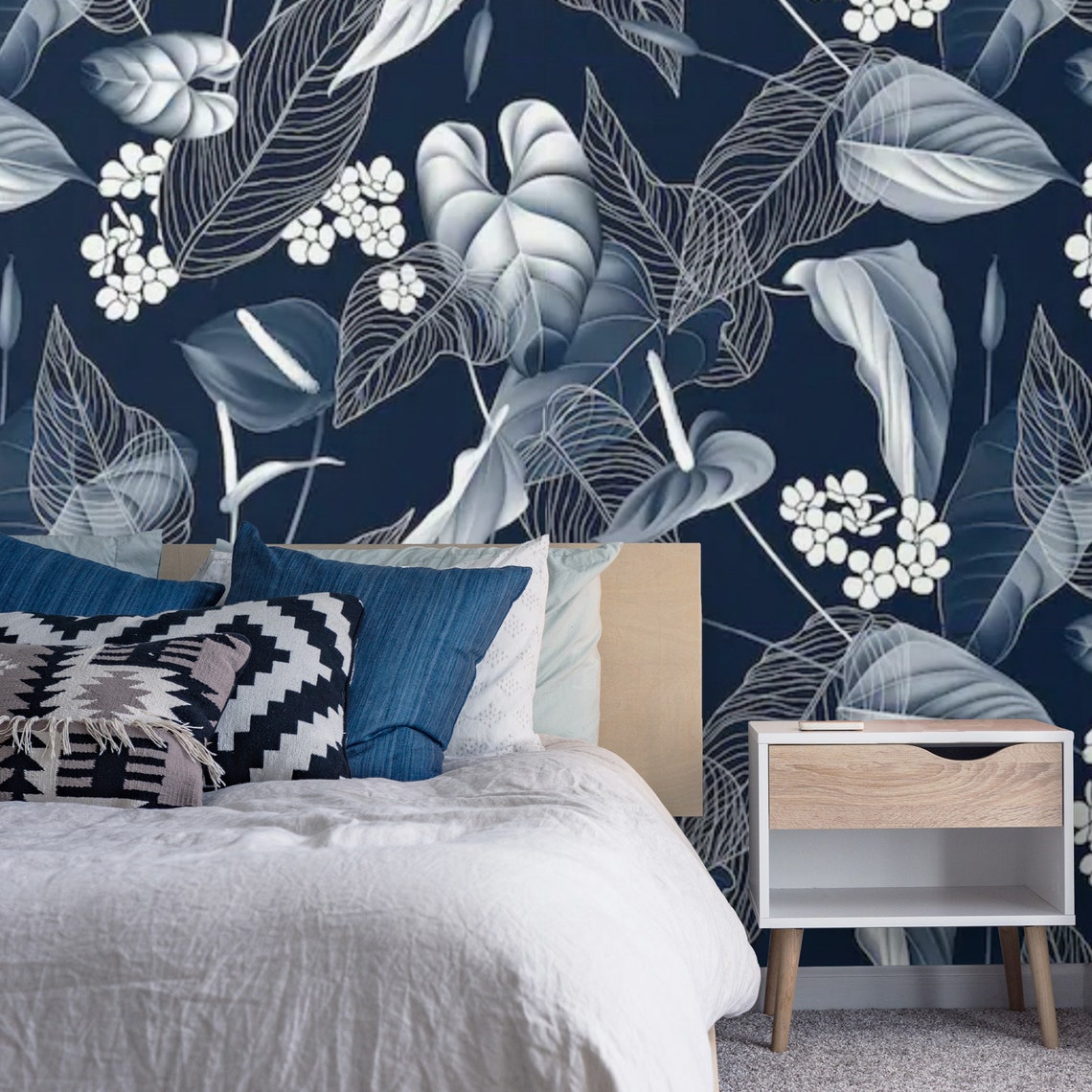 Floral Wallpaper Dark Navy Blue Peel and Stick Removable or | Etsy