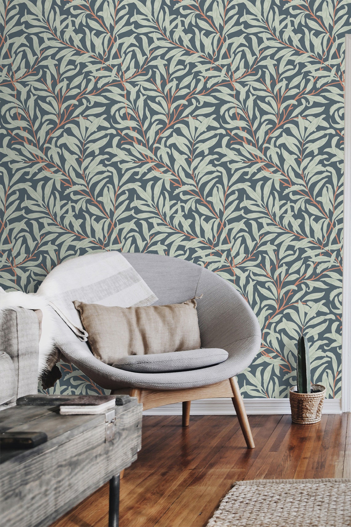 Botanical Wallpaper Twigs Peel and Stick Wall Paper Leaves Etsy