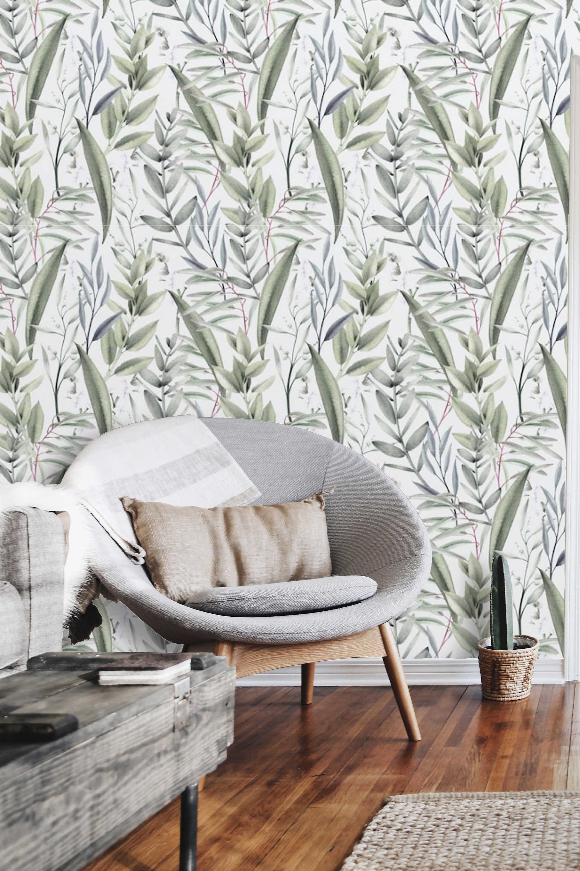 Botanical Wallpaper Peel and Stick olive Green Leaves Self | Etsy