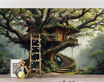 Treehouse wallpaper, Enchanted forest wall mural for kids room