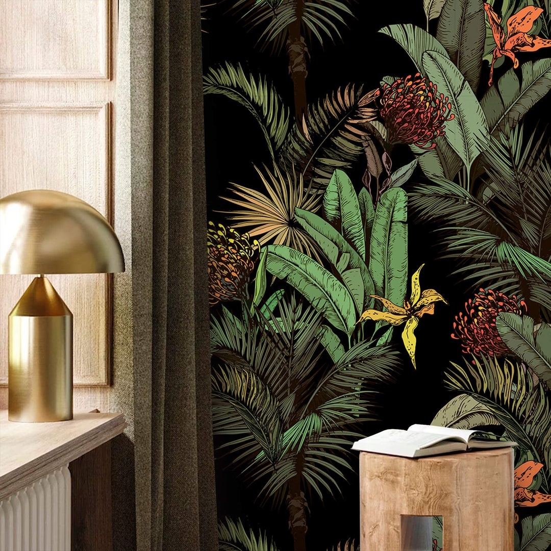 Dark Tropical Wallpaper Jungles Palms and Banana Leaves Peel and Stick ...
