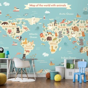 Kids world map Animals wall mural Peel and stick removable or Traditional wallpaper Boys room wall decal