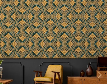May include: A teal and gold Art Deco wallpaper pattern. The repeating design features stylized floral motifs within interlocking semi-circles. The wallpaper is a decorative element, suitable for interior design projects.