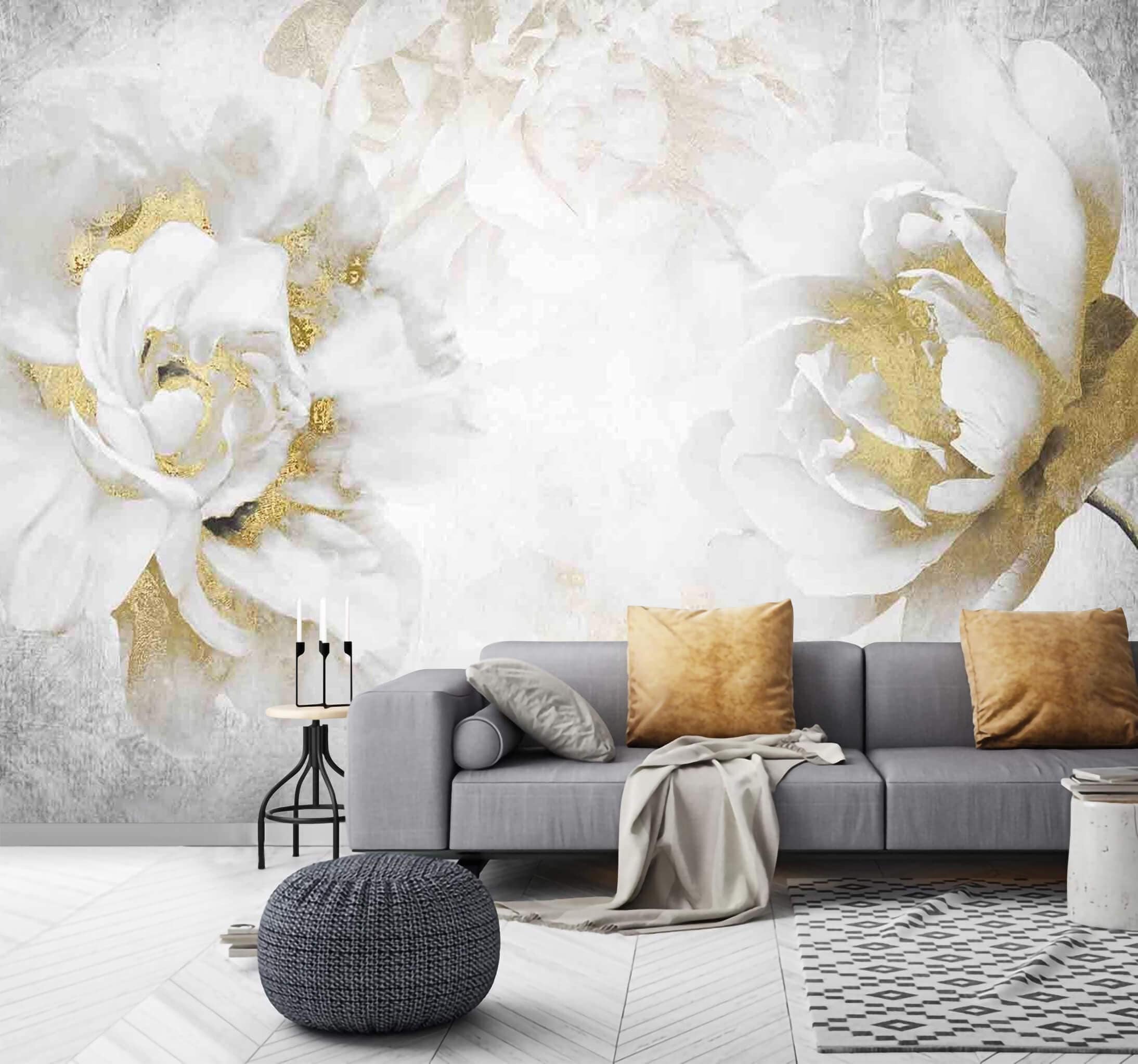 Floral Luxury Wallpaper Mural Large Peonies White Gold Non Metallic ...