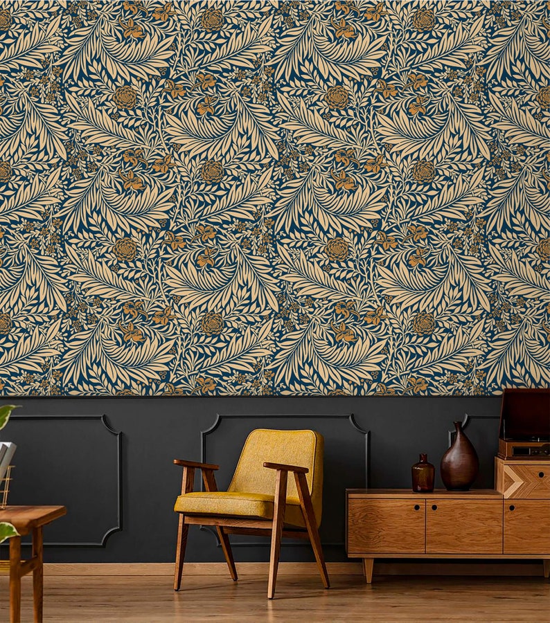 Wallpaper dark botanical herbs and flowers Peel and Stick wallpaper removable or Traditional vintage wallpaper image 4