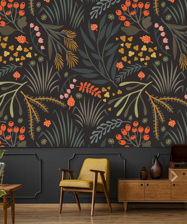 Wallpaper Leaves Botanical Peel and Stick Wallpaper Herbs Dark | Etsy