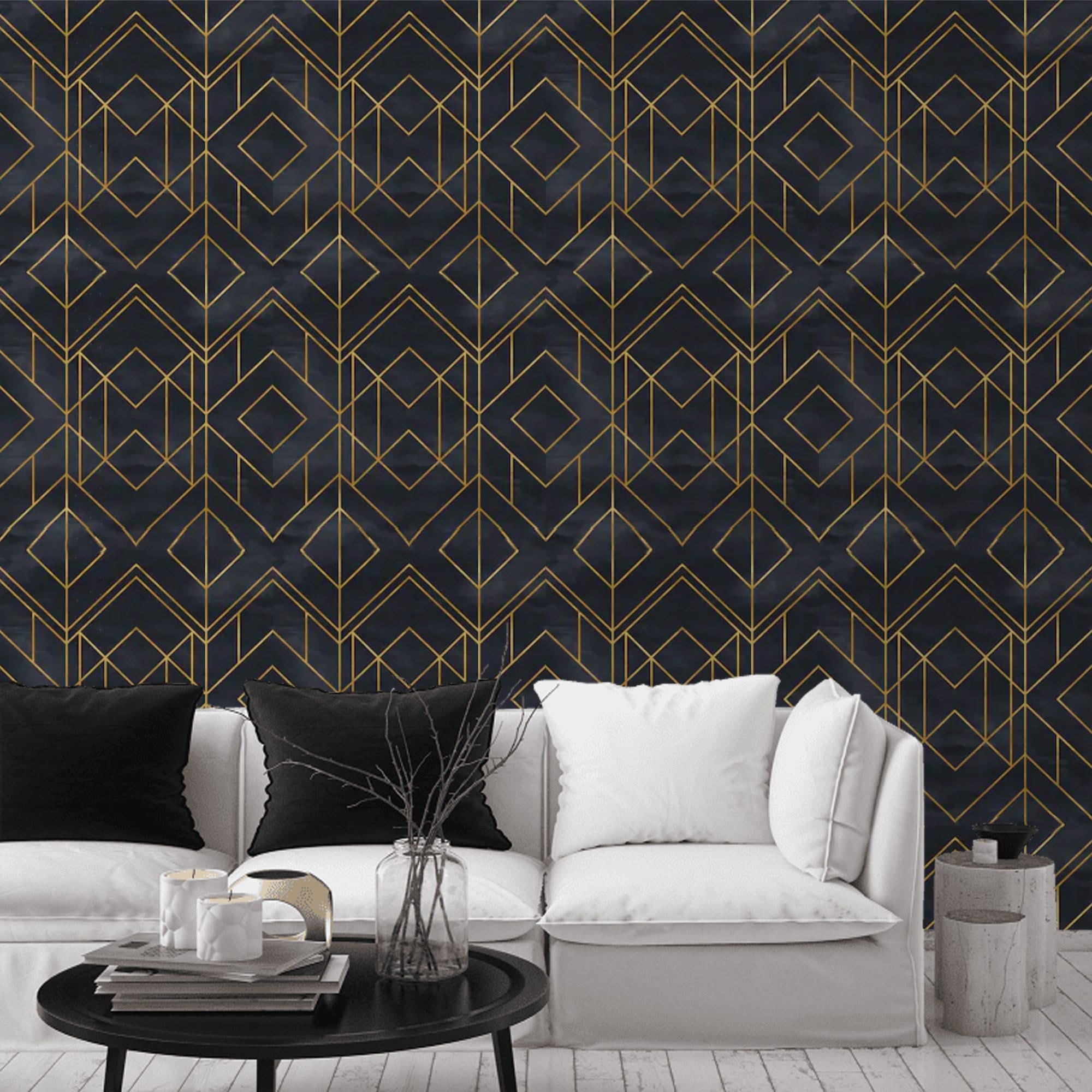 Peel and Stick Watercolor Wallpaper Art Deco Black Gold Etsy