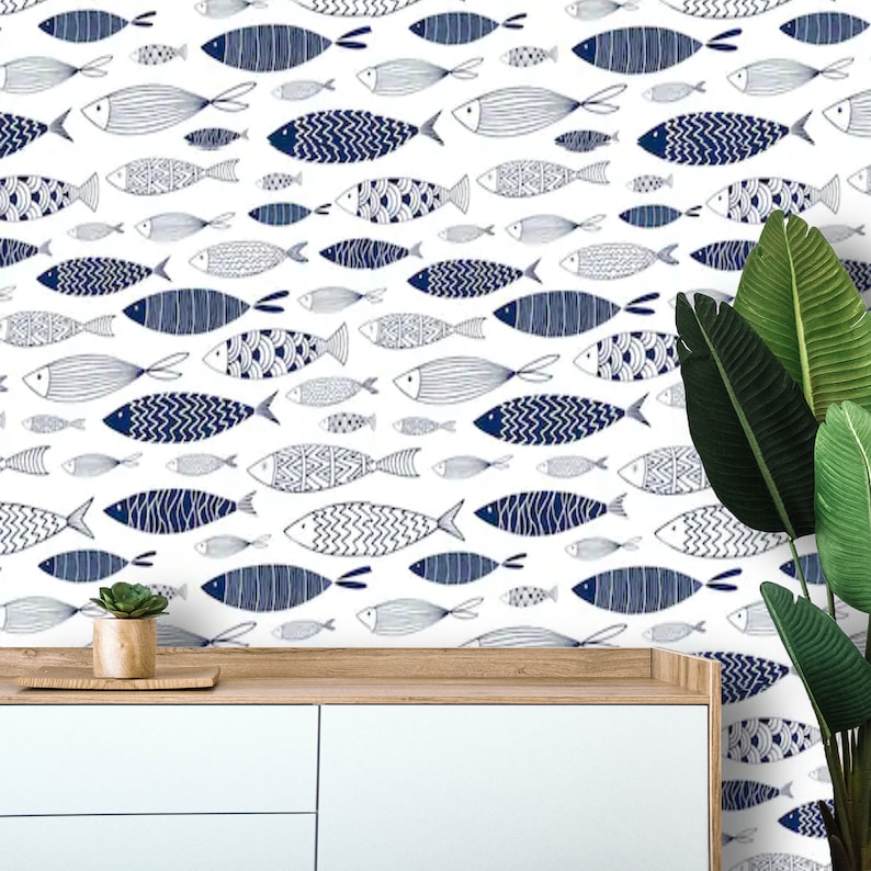 Nautical Wallpaper Peel and Stick Wallpaper Fish Wall Mural Etsy