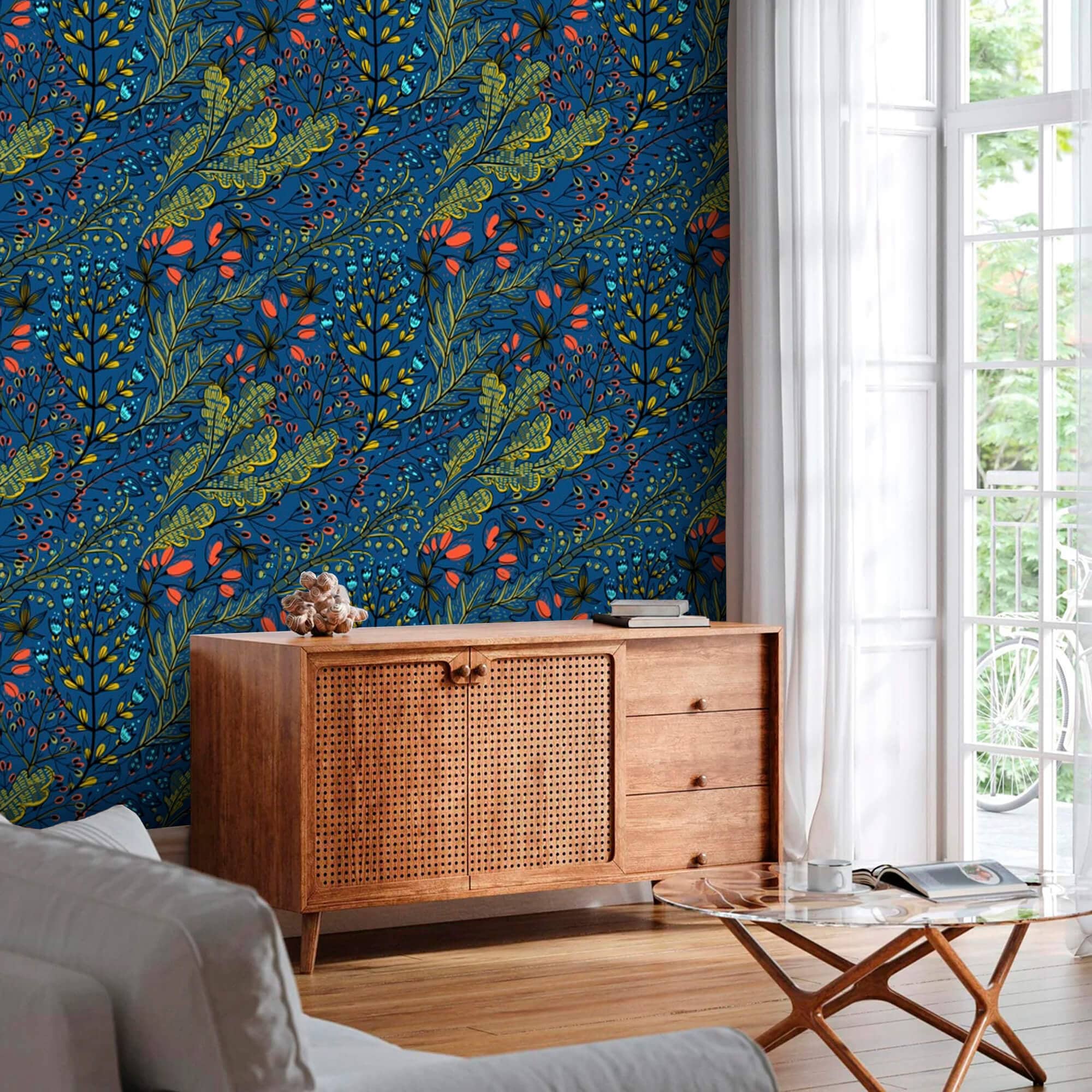 Dark Blue Botanical Wallpaper Flowers and Leaves Peel and Stick ...