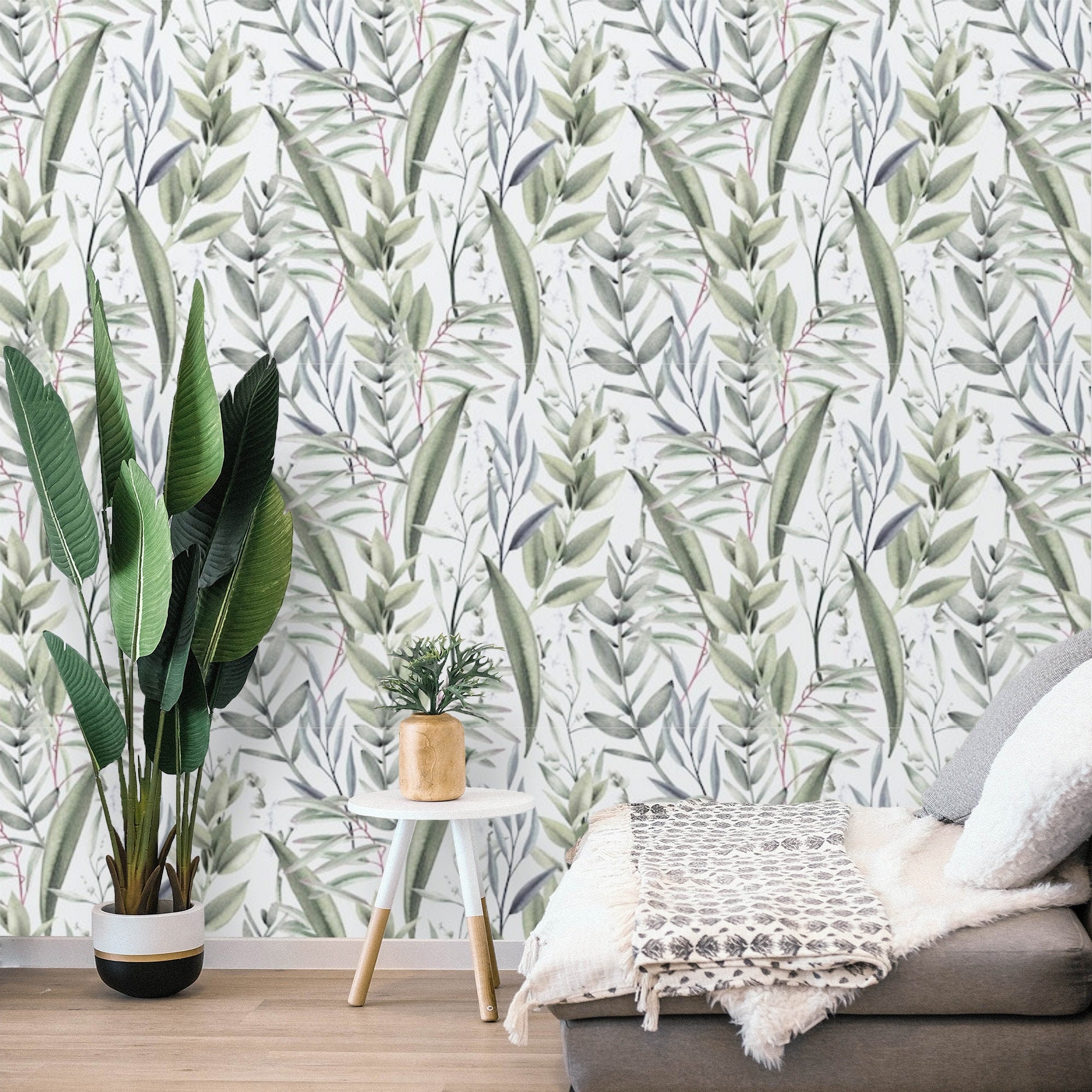 Botanical Wallpaper Peel and Stick olive Green Leaves Self | Etsy