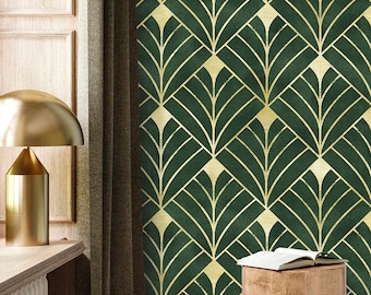 May include: Green and gold geometric wallpaper with an art deco design. The wallpaper features a repeating pattern of overlapping diamonds and fan shapes.