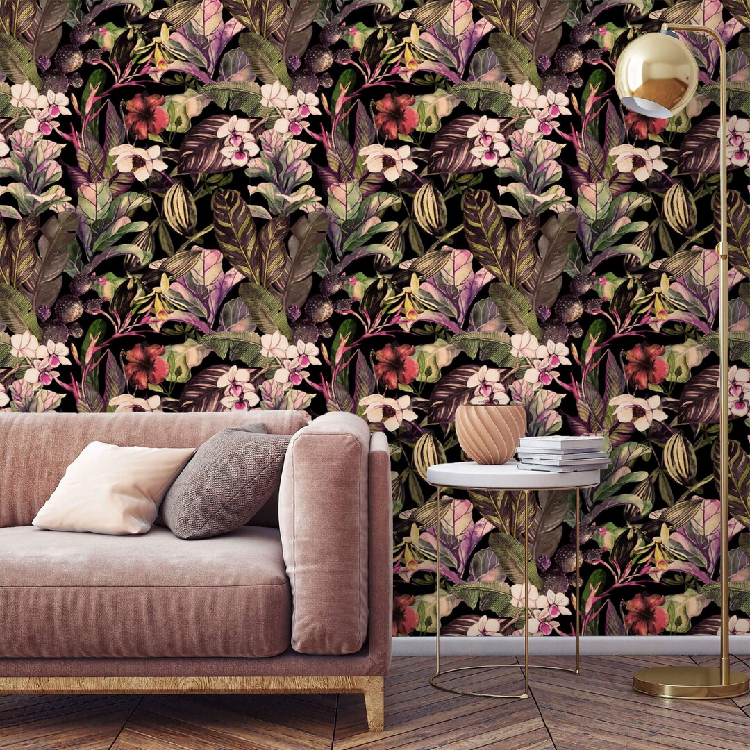 Dark Tropical Wallpaper Floral Peel and Stick or Traditional Textured ...