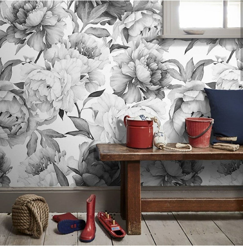 Peony Peel and Stick Floral Gray Wallpaper Peonies Wall Etsy