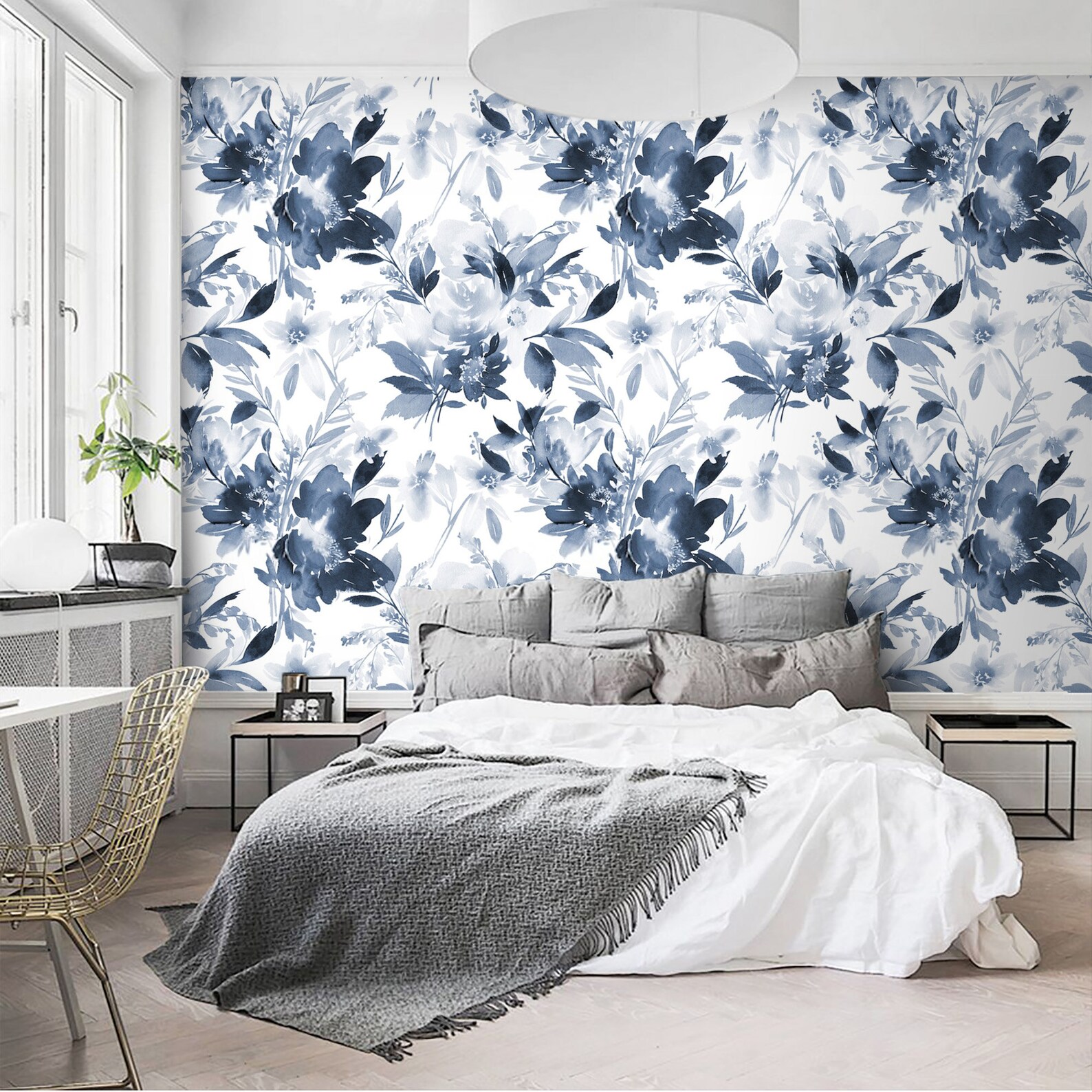 Wallpaper Floral Watercolor Blue White Flowers Wall Mural Self | Etsy