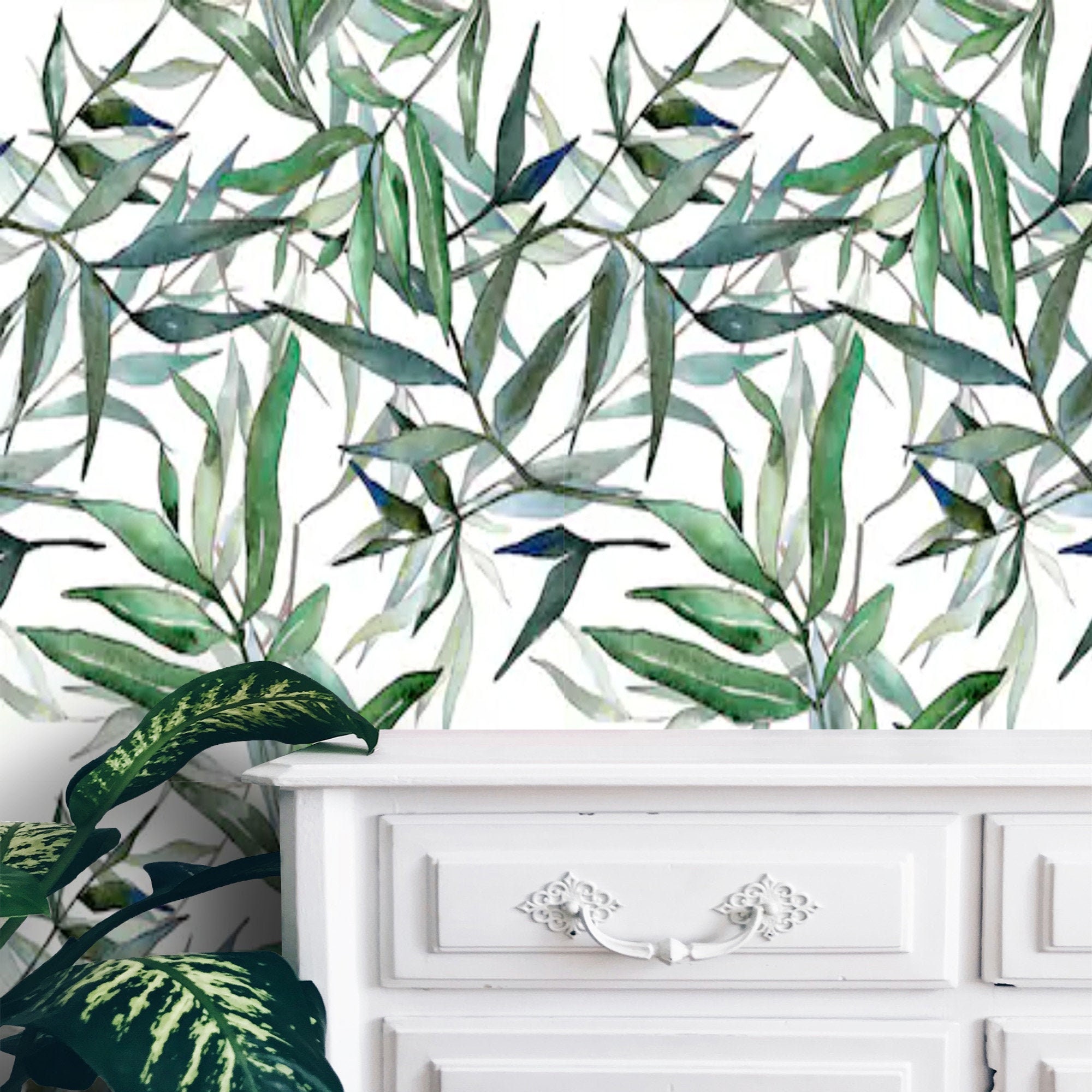Wallpaper Peel y Stick Botanical Green Leaves Self Adhesive Etsy