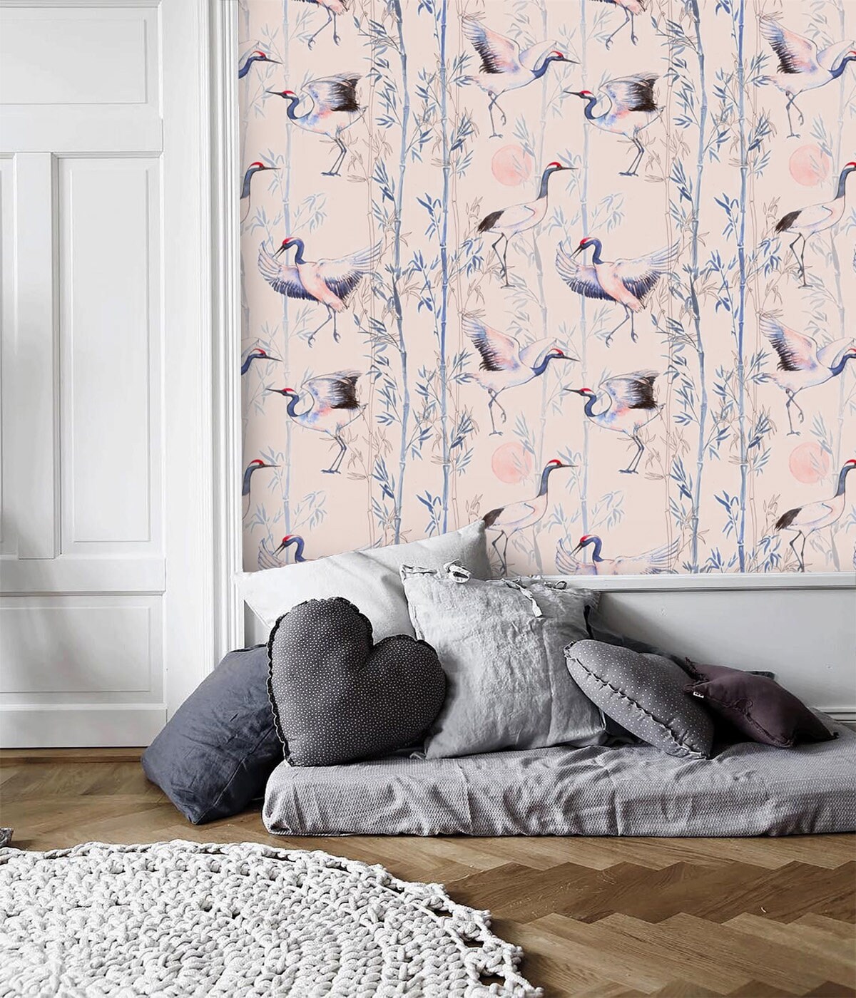 Pink Chinoiserie Wallpaper with birds Vintage Wall Paper Heron Etsy