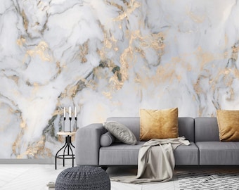 Abstract art wallpaper mural Marble stone white gold non metallic Peel and stick removable or Traditional wall mural