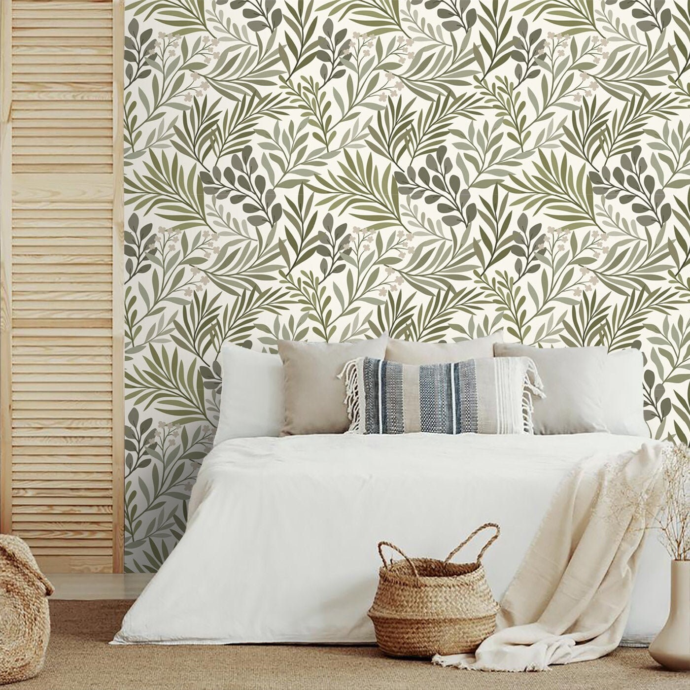 Wallpaper olive Green Leaves Peel and Stick Removable or | Etsy