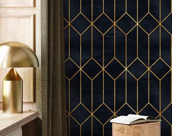 May include: A dark blue wallpaper with a geometric pattern of gold lines forming squares and rectangles.