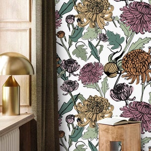 Floral wallpaper Peel and stick removable or Traditional accent wallpaper flowers