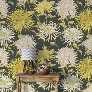 Floral wallpaper large chrysanthemums flowers Peel and stick removable or Traditional accent wallpaper