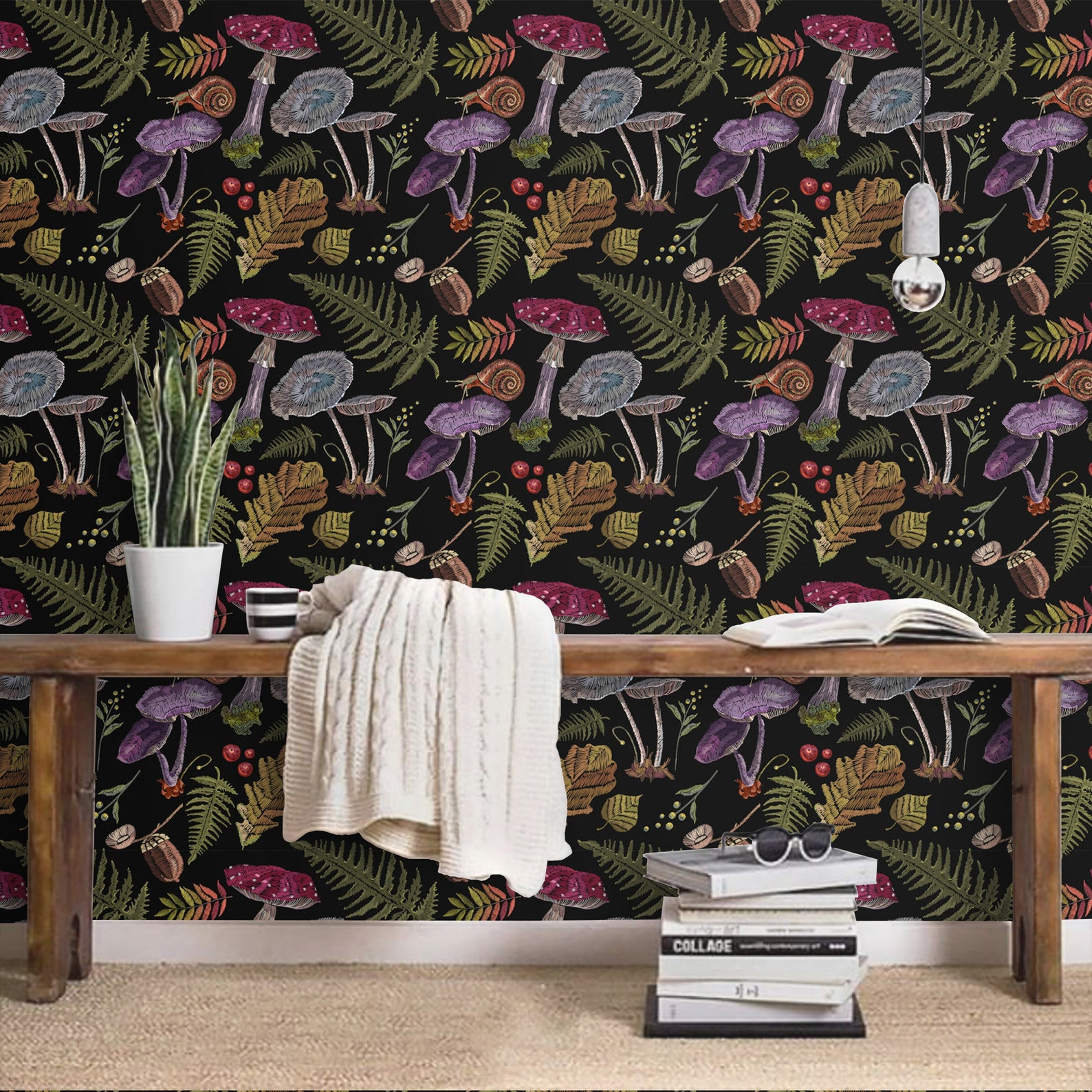 Wallpaper Mushroom Botanical on dark Wall Paper Peel and Stick | Etsy