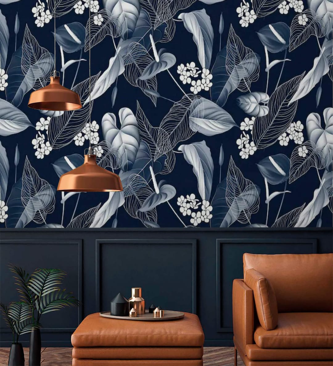 Floral Wallpaper Dark Navy Blue Peel and Stick Removable or Traditional ...