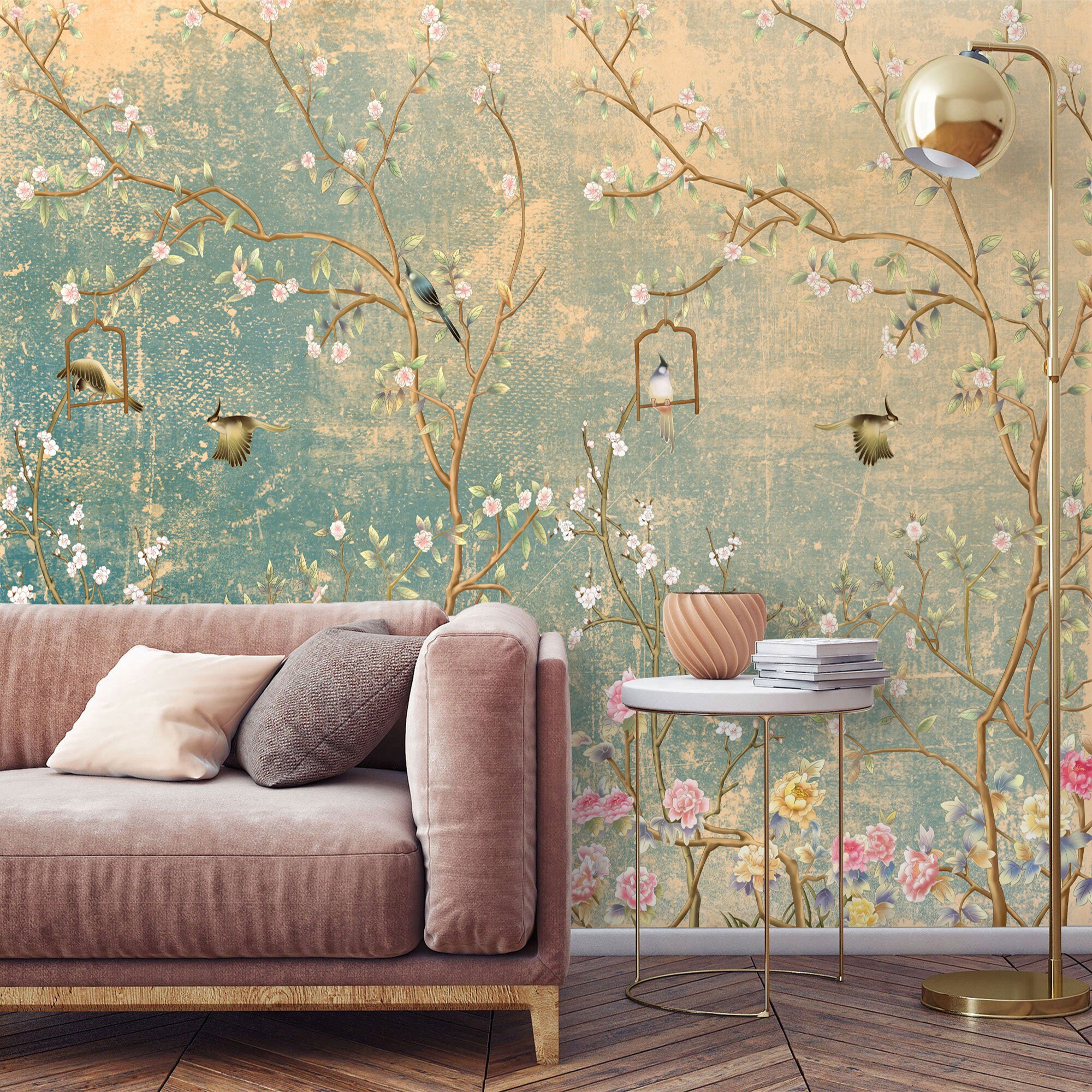 Chinoiserie Wallpaper With Birds Vintage Removable Floral Etsy UK
