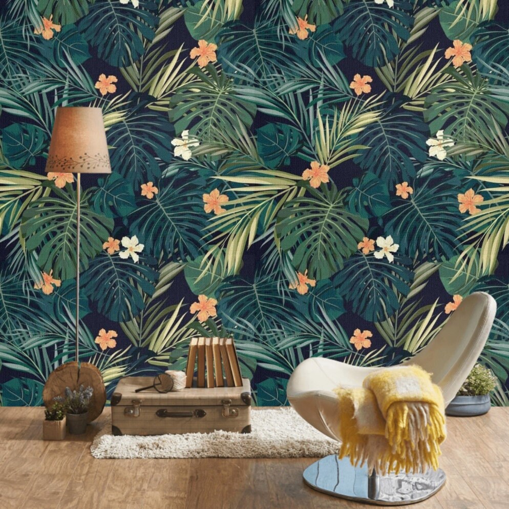 Dark Tropical Wallpaper Peel and Stick Wallpaper Mural | Etsy