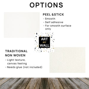 May include: Two options for mounting a canvas print: Peel & Stick, which is self-adhesive and for smooth surfaces only, and Traditional Non Woven, which requires glue (not included) and has a light texture with a canvas feeling.