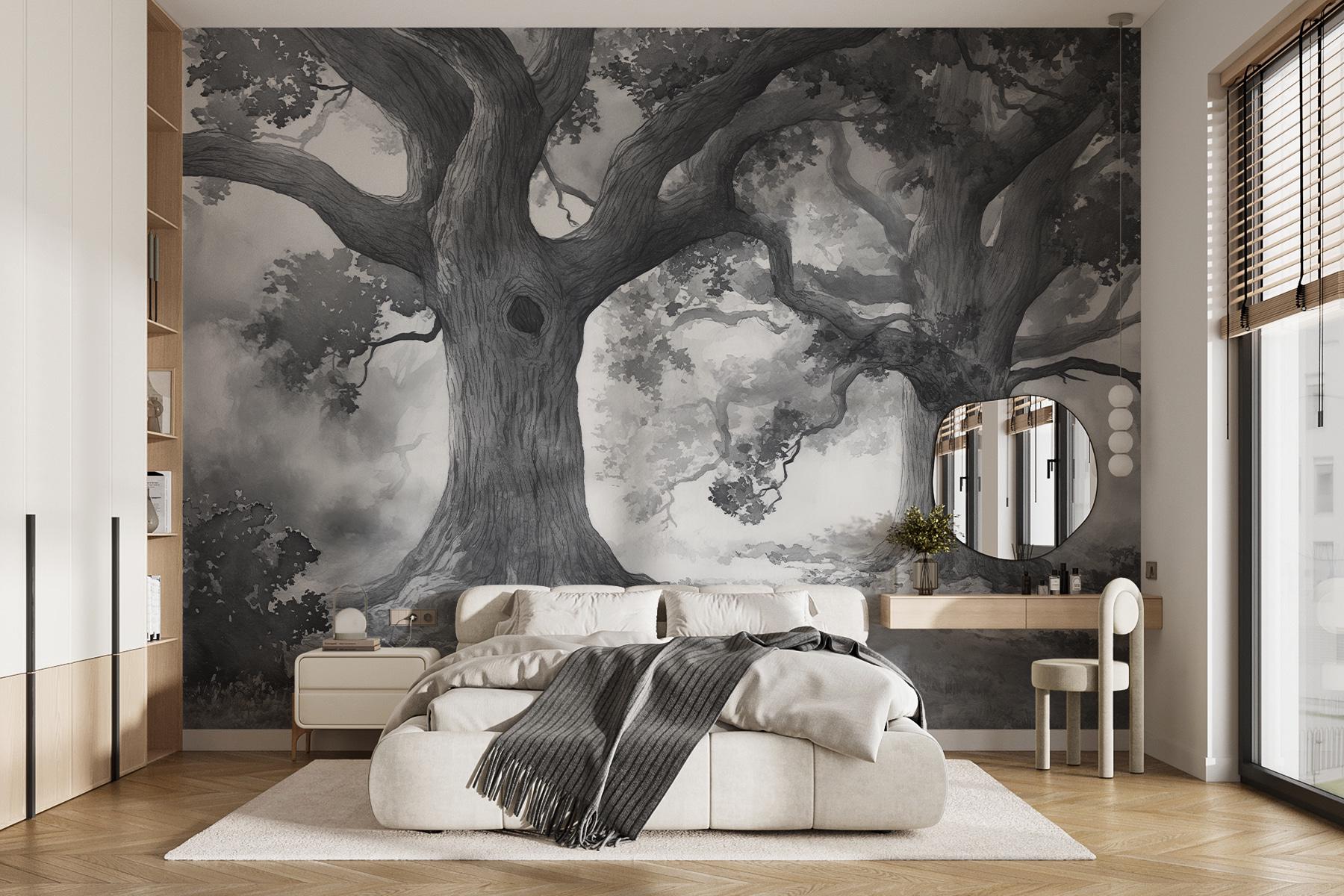 Grayscale forest wall mural – Moody tree scene wallpaper