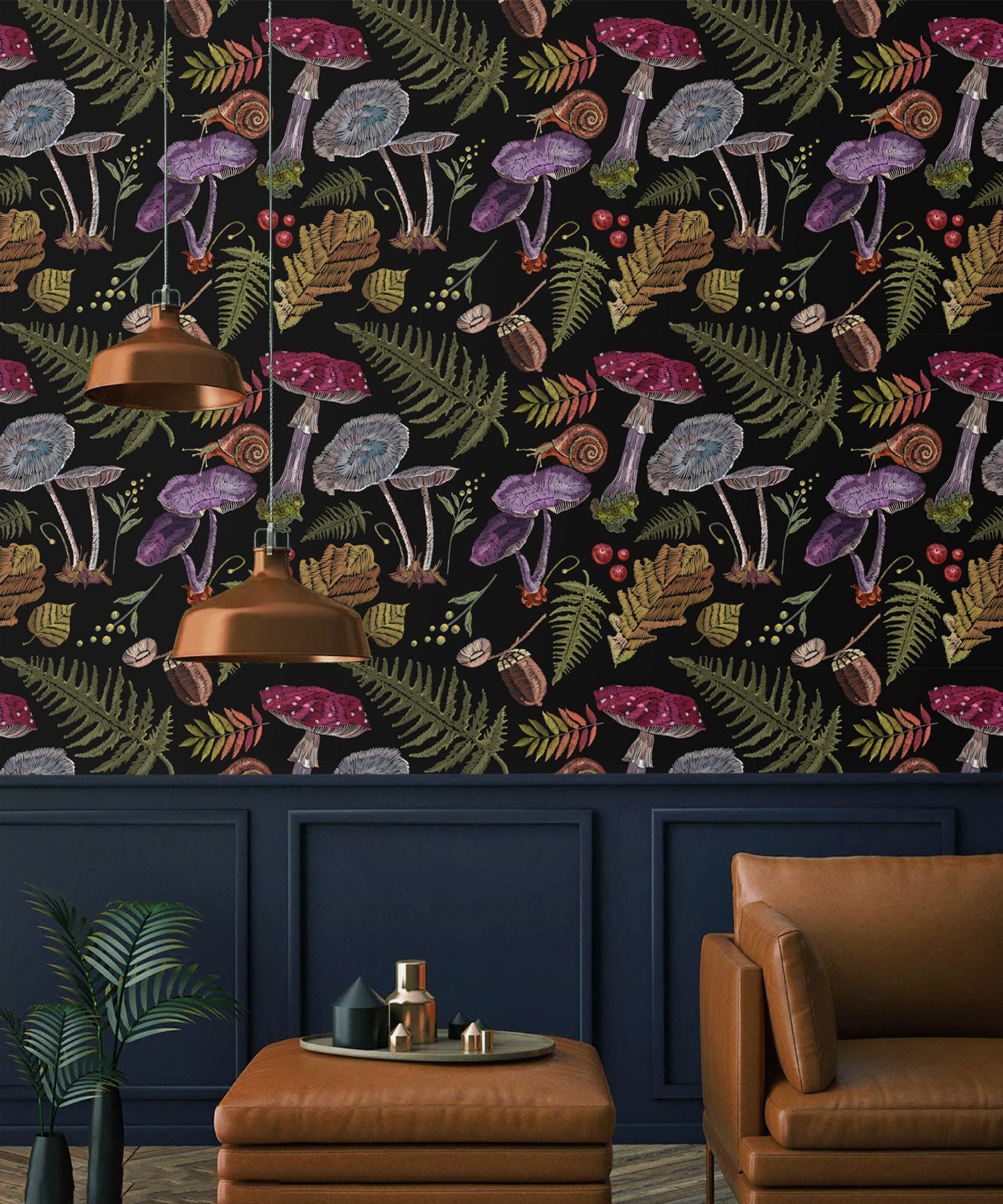 Wallpaper Mushroom Botanical on dark Wall Paper Peel and Stick | Etsy