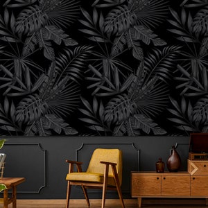 Dark tropical wallpaper black large palm leaves Peel and stick removable or Traditional accent wallpaper