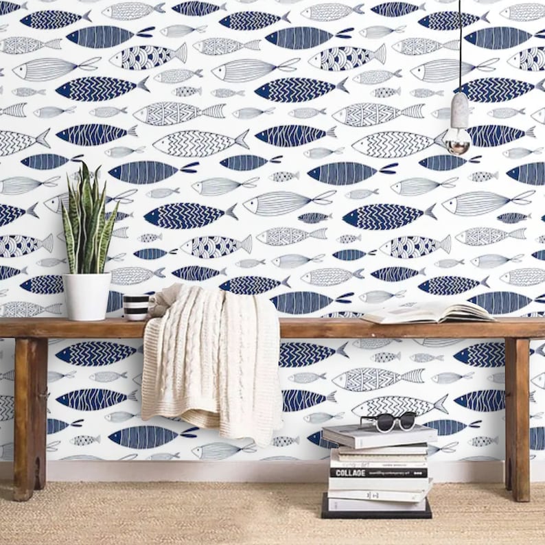 Nautical Wallpaper Peel and Stick Wallpaper Fish Wall Mural Etsy