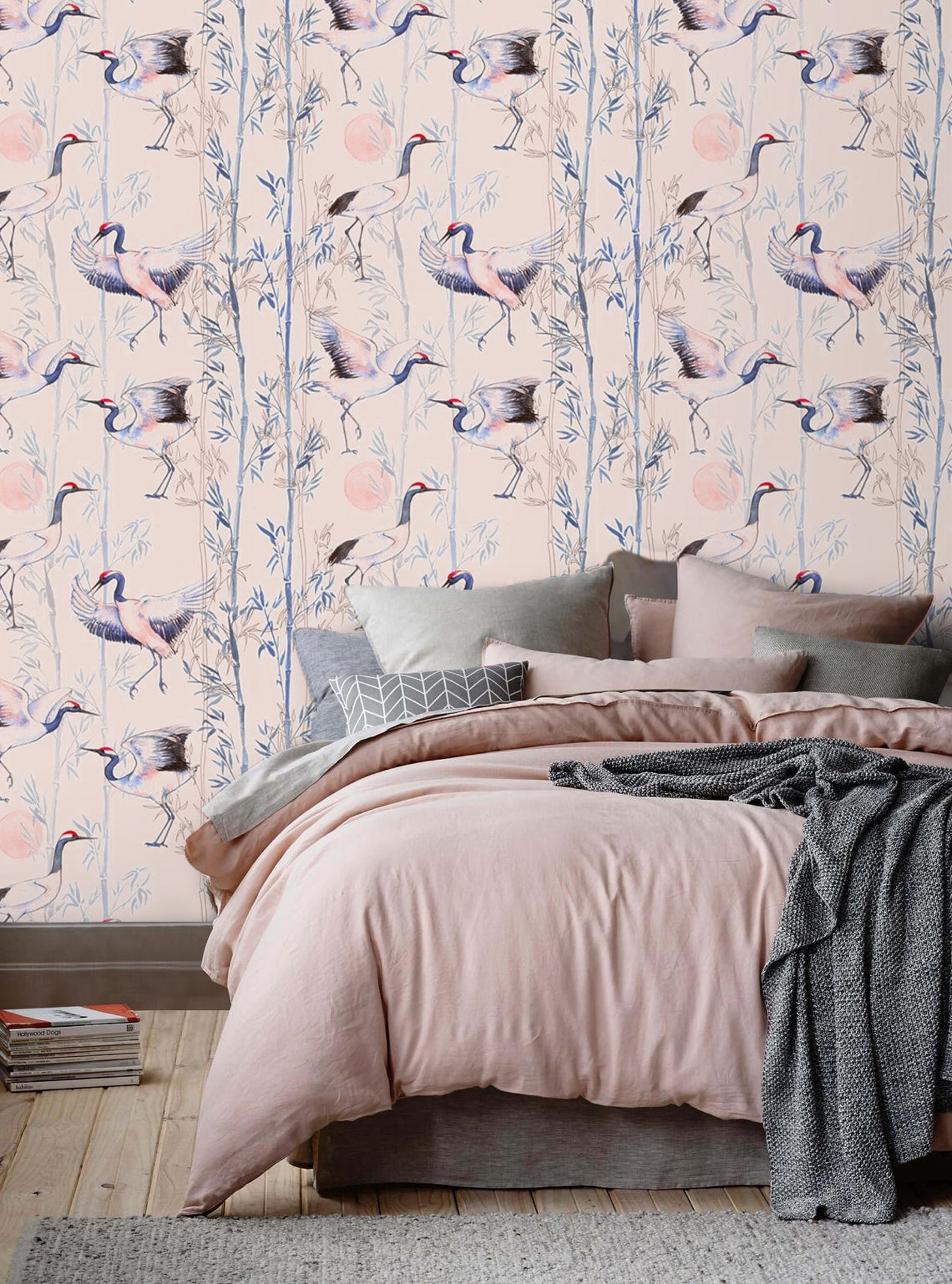 Pink Chinoiserie Wallpaper with birds Vintage Wall Paper Heron Etsy