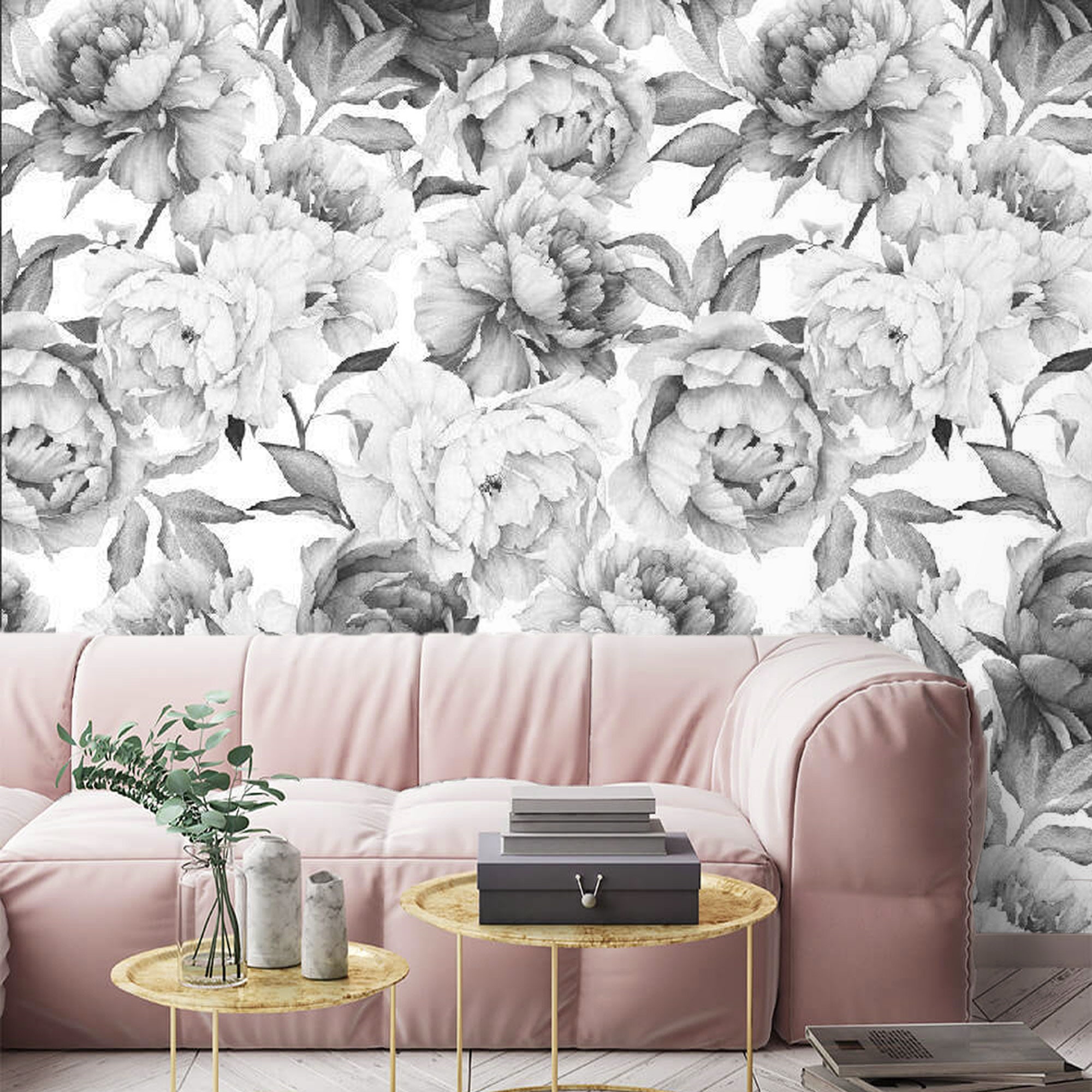 Peony peel and stick Floral gray wallpaper Peonies Wall | Etsy