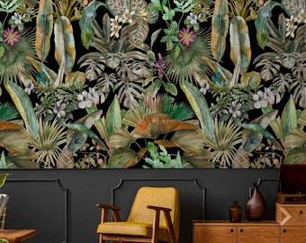 Dark tropical wallpaper exotic leaves Peel and stick palm leaves removable or Traditional accent wallpaper