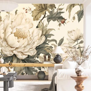Large cream peony wall mural – Elegant floral wallpaper