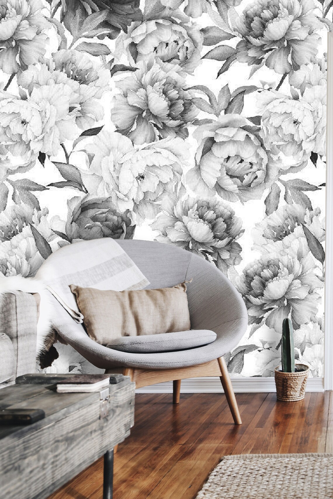 Peony peel and stick Floral gray wallpaper Peonies Wall Etsy