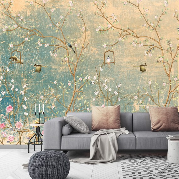 Chinoiserie Wallpaper With Birds Vintage Removable Floral - Etsy Chinoiserie Wallpaper With Birds Vintage Removable Floral - Etsy