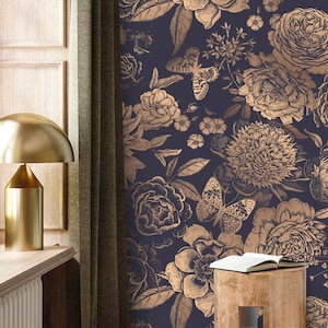 Dark floral wallpaper gold non metallic Peel and stick removable or Traditional non woven wallpaper large flowers