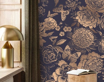 Dark floral wallpaper gold non metallic Peel and stick removable or Traditional non woven wallpaper large flowers