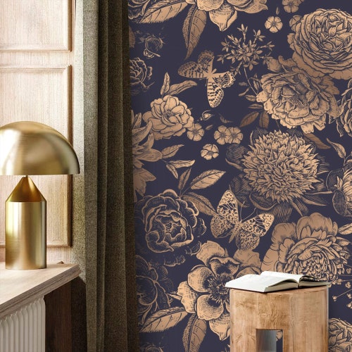 Papier peint floral foncé doré non métallique Papier peint intissé traditionnel amovible ou amovible avec grandes fleurs